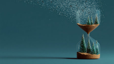 Falling snow transforms into pine trees within an hourglass, blending concepts of time and nature in a striking way.の素材