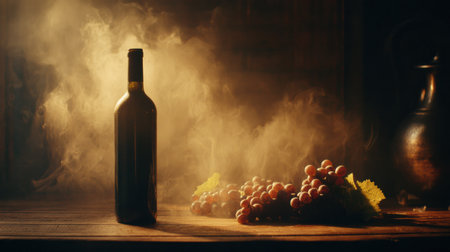 A dark, premium setting features a wine bottle beside fresh grapes, with golden mist rising for a cozy and artistic ambiance.の素材