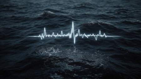Waves roll gently on the surface, seamlessly creating a heartbeat line that symbolizes lives connection to the ocean.の素材