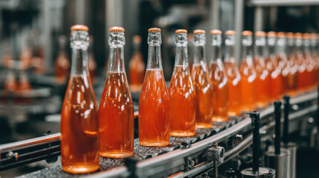 Glass bottles filled with sparkling wine move along a bottling line in a clean industrial setting, showcasing efficient production.の素材