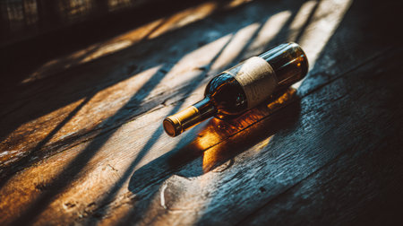 Exclusive vintage wine bottle rests on a dark wooden table, highlighted by golden reflections and a moody, premium setting.の素材