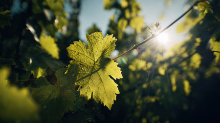 Close-up of lush grapevine leaves illuminated by sunlight beams, highlighting the organic vineyards natural beauty during a serene moment.の素材