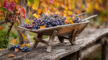 A rustic wooden wheelbarrow filled with ripe grapes rests on a weathered wooden table in a vineyard, capturing the essence of harvest time.の素材
