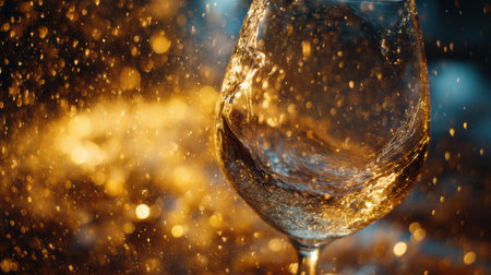 Swirling wine in a sommelier glass creates an elegant view, enhanced by a backdrop of golden bokeh, setting a luxurious atmosphere.の素材