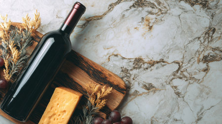 A dark wine bottle sits next to a golden cheese board, complemented by grapes and dried herbs on a luxurious marble background.の素材