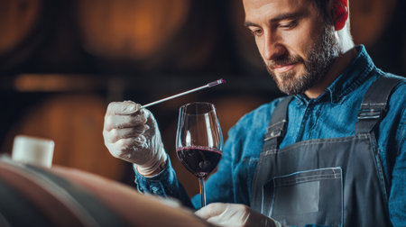 A skilled winemaker assesses sugar levels in wine using a hydrometer while surrounded by barrels in a winery.の素材