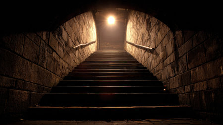 Stairs descend into darkness, with a warm light glowing at the bottom, creating a mysterious and inviting atmosphere.の素材