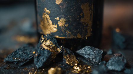 Wine bottle adorned with black crystal shards and gold leaf creates a striking centerpiece in a dark, elegant setting.の素材