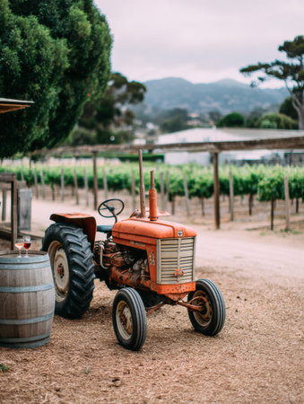 A charming tractor rests beside a barrel of wine, set against a backdrop of green vineyards and rolling hills.の素材
