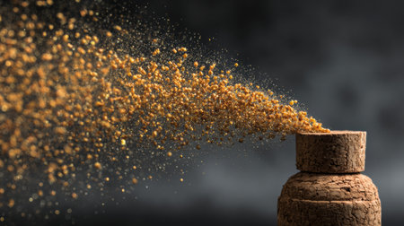 A cork bursts from a bottle, releasing dazzling golden sparks in a festive scene that highlights joy and celebration.の素材