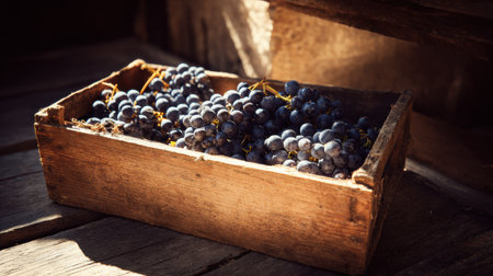 Freshly harvested grapes rest in a wooden crate, illuminated by soft natural light, showcasing rustic charm during grape harvest season.の素材