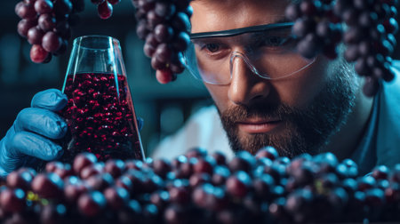 Winemaker conducts a close-up analysis of grape seeds to assess their ripeness and quality, focusing on the critical components of winemaking.の素材