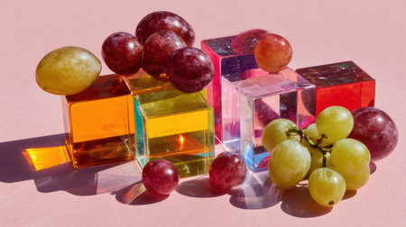 Floating grapes are artistically arranged on bright geometric glass shapes, creating a unique and surreal visual effect.の素材