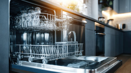 Dishwasher is open, showing clean dishes and glasses, illuminated by warm kitchen light in a modern home setting.の素材