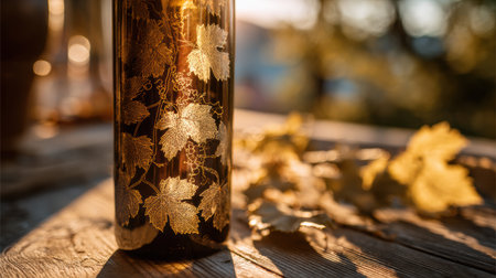 Premium wine bottle shines with golden light, framed by delicate grape leaves on a rustic wooden surface during sunset.の素材