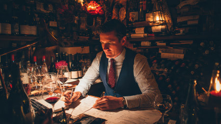 A sommelier is focusing on wine analysis in a modern lab-like room, surrounded by various bottles and tools at nighttime.の素材