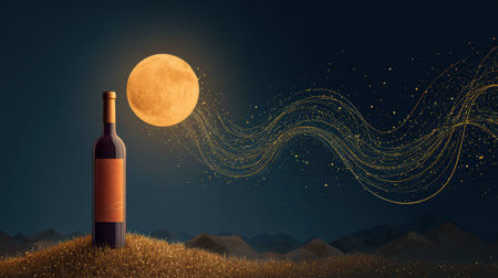 A wine bottle stands gracefully on a grassy hill under a bright moon, surrounded by enchanting gold sparkles in the night sky.の素材