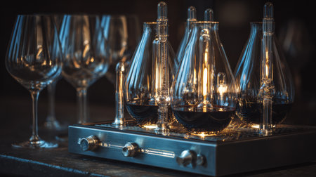 Premium wine lab equipment is displayed with glass tubes and a sleek design, creating a sophisticated atmosphere for wine analysis.の素材