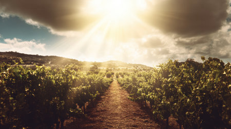 Breathtaking vineyard hills capture radiant sunlight, creating an ideal setting for organic wine production with ample space for text.の素材