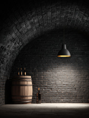 In a dark cellar, a golden lamp illuminates a bottle of wine beside a barrel, creating a warm contrast against the black bricks.の素材