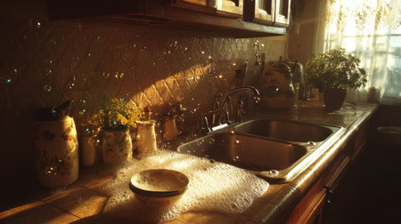 Bright sunlight streams through the window as dishes are washed in soapy water, creating bubbles and a cheerful atmosphere.の素材