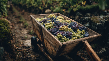Rural vineyard scene showcasing a wooden wheelbarrow overflowing with ripe grapes, reflecting the bountiful harvest season in autumn.の素材
