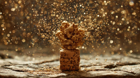 A cork bursts from a bottle of sparkling wine, sending golden particles into the air in a joyous celebration that captures elegance.の素材