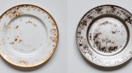 Before and after a thorough cleaning, dirty plates show a striking transformation into shiny, spotless dishes ready for use.の素材
