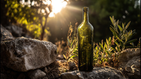 A bottle stands amid stones in an olive grove, bathed in warm golden light as the sun sets in the Mediterranean.の素材