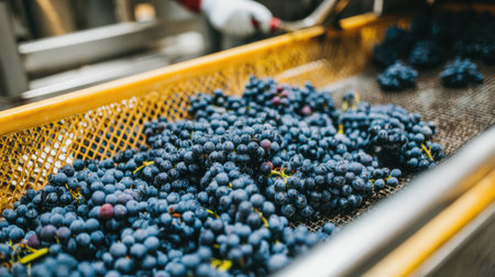 Workers sort through freshly harvested grapes in a bright and clean setting, highlighting the vibrant natural greens of the environment.の素材
