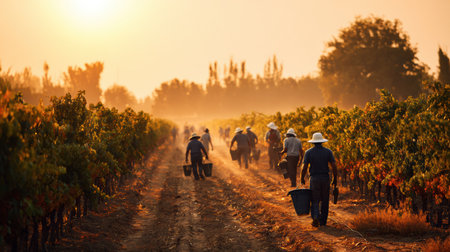 Harvesters gather ripe grapes in a vineyard bathed in warm light, creating a picturesque scene of labor and nature during the golden hour.の素材