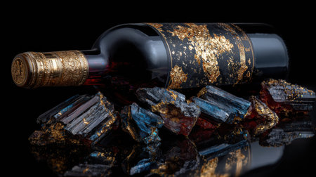 A wine bottle sits elegantly among black crystal shards and gold leaf, creating a striking display of dark glamor.の素材