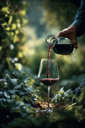 A winemaker checks the quality of red wine by pouring it into a glass surrounded by lush vineyard greenery.の素材
