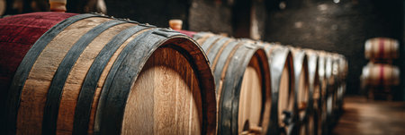 Barrels sit in the soft glow of dim lighting, highlighting rustic textures in an elegant winery environment meant for aging fine wine.の素材