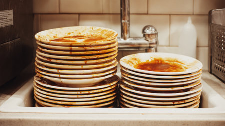 Stacked dirty plates with sauce stains fill a sink in a cluttered kitchen, showing the aftermath of a recent meal preparation or gathering.の素材