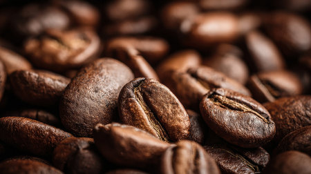 Detailed look at coffee beans reveals their smooth texture and rich brown color, perfect for brewing a satisfying cup of coffee.の素材