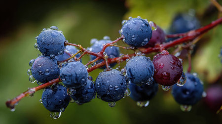 Fresh grapes adorned with dew droplets showcase vivid colors on the vine, capturing the essence of a serene early morning.の素材