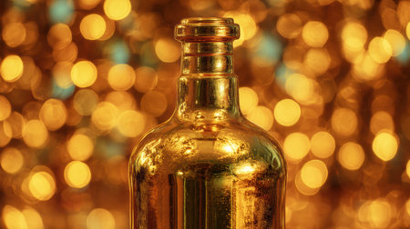 A stunning wine bottle stands prominently with a sparkling golden bokeh background, evoking a luxurious holiday mood perfect for celebrations.の素材
