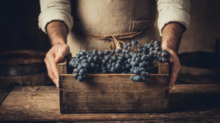 Hands of a winemaker carefully hold ripe grapes above a rustic crate, showcasing the harvest process in a vineyard.の素材