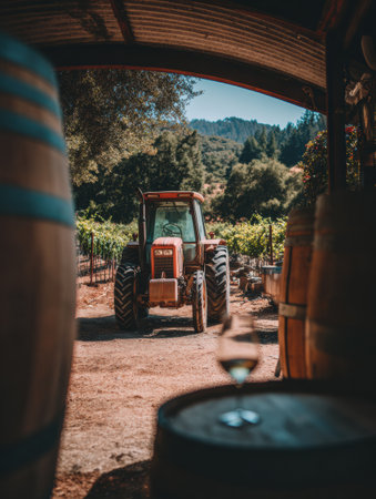 A vineyard tractor is visible in the background, while a glass of wine sits atop a barrel, showcasing a peaceful winery scene.の素材