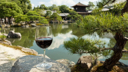 Enjoy a peaceful scene with a glass of wine next to a bonsai tree, overlooking a calm Japanese garden and pond.の素材