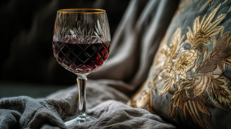 A crystal wine glass showcases deep red wine, illuminated by soft golden reflections against a richly textured fabric.の素材