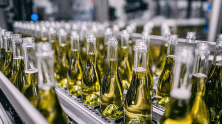 Bottling line showcases sparkling wine production with glass bottles arranged for filling in a clean, modern industrial setting.の素材