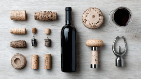 Corks, a corkscrew, a glass of red wine, and a bottle are carefully arranged on a light wooden table, perfect for a tasting event.の素材