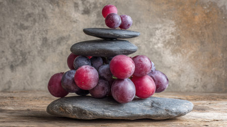 Grapes are skillfully arranged in a serene setting with natural stones and wood, creating a calming and balanced composition.の素材