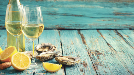 Fresh oysters and lemon wedges are paired with white wine against a coastal backdrop on a rustic wooden table.の素材
