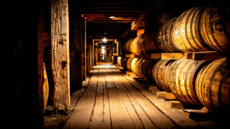 A corridor lined with barrels stretches into the dark, highlighted by soft golden light, creating a warm and inviting atmosphere.の素材