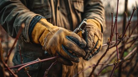 Close-up of hands wielding pruning tools while cutting grapevines in a vineyard under natural daylight, showcasing meticulous work.の素材