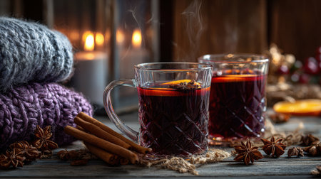 A warm winter setting features two steaming glasses of mulled wine decorated with cinnamon sticks. Cozy blankets add comfort.の素材