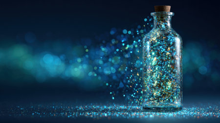 Bright holographic particles swirl around a glass bottle, creating an enchanting cyber fantasy atmosphere filled with vivid colors.の素材